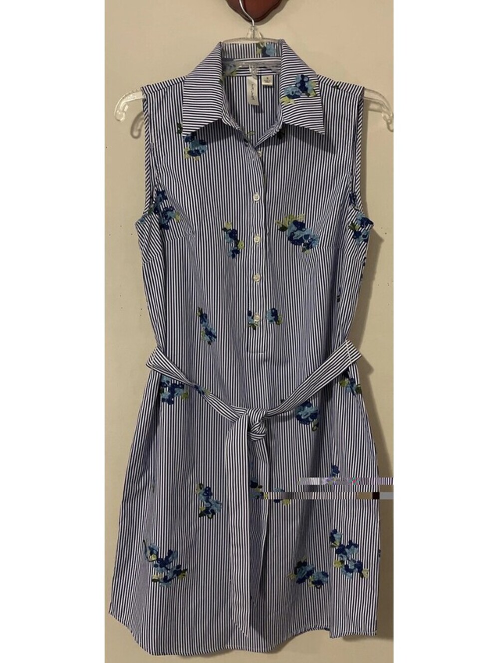 Tacera Womens Small Blue/White Striped Floral Knee-Length Collared Dress! A6020
